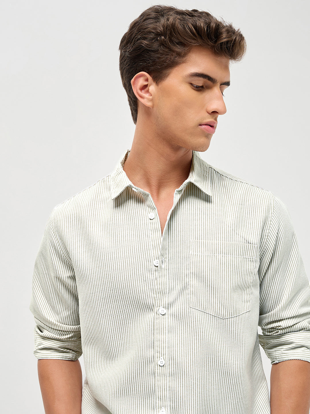 Men's Light Olive Cotton Full Sleeve Regular Fit Casual Striped Shirt