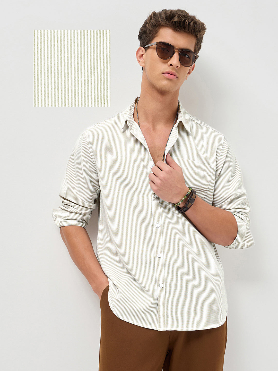 Men's Light Olive Cotton Full Sleeve Regular Fit Casual Striped Shirt