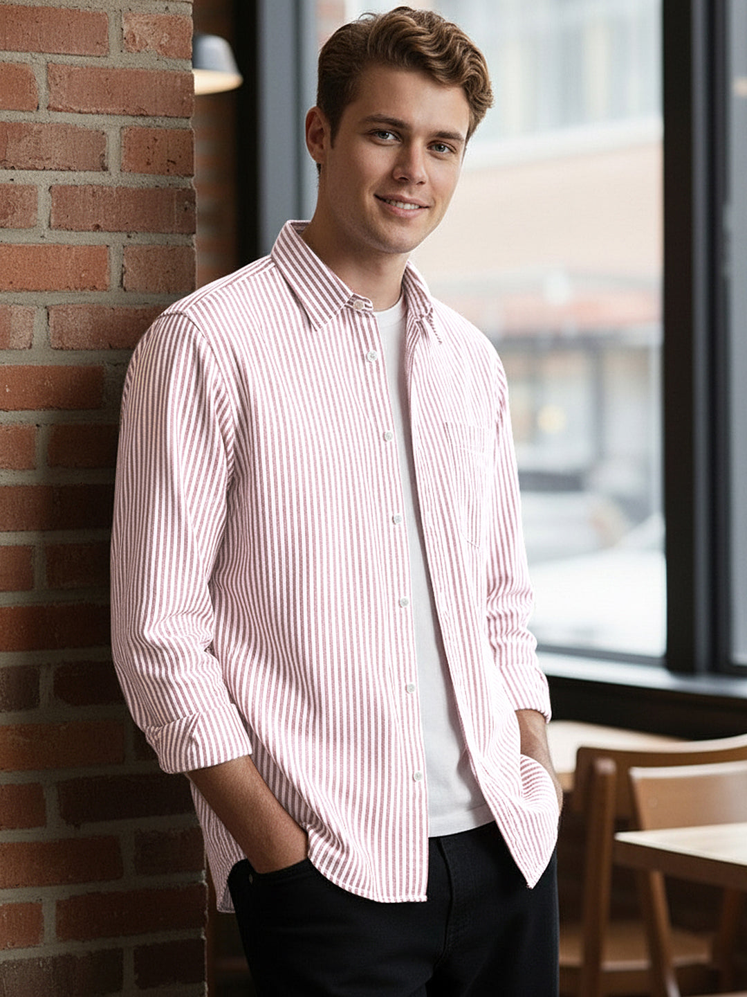 Men's Light Pink Cotton Full Sleeve Regular Fit Casual Striped Shirt