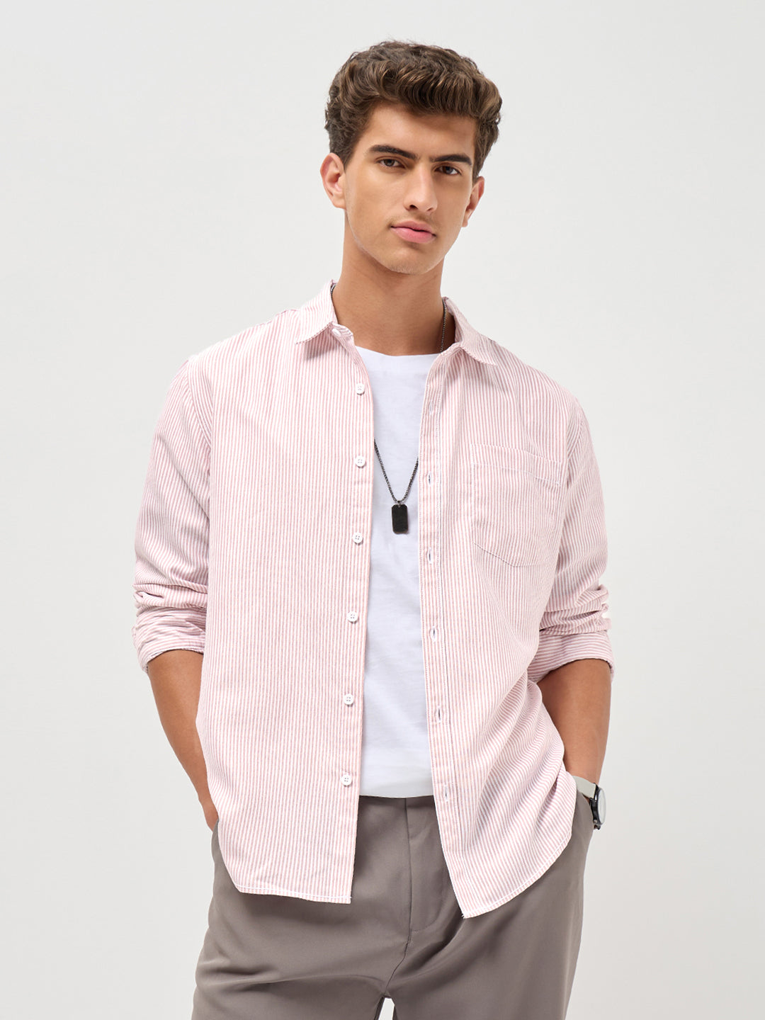 Men's Light Pink Cotton Full Sleeve Regular Fit Casual Striped Shirt