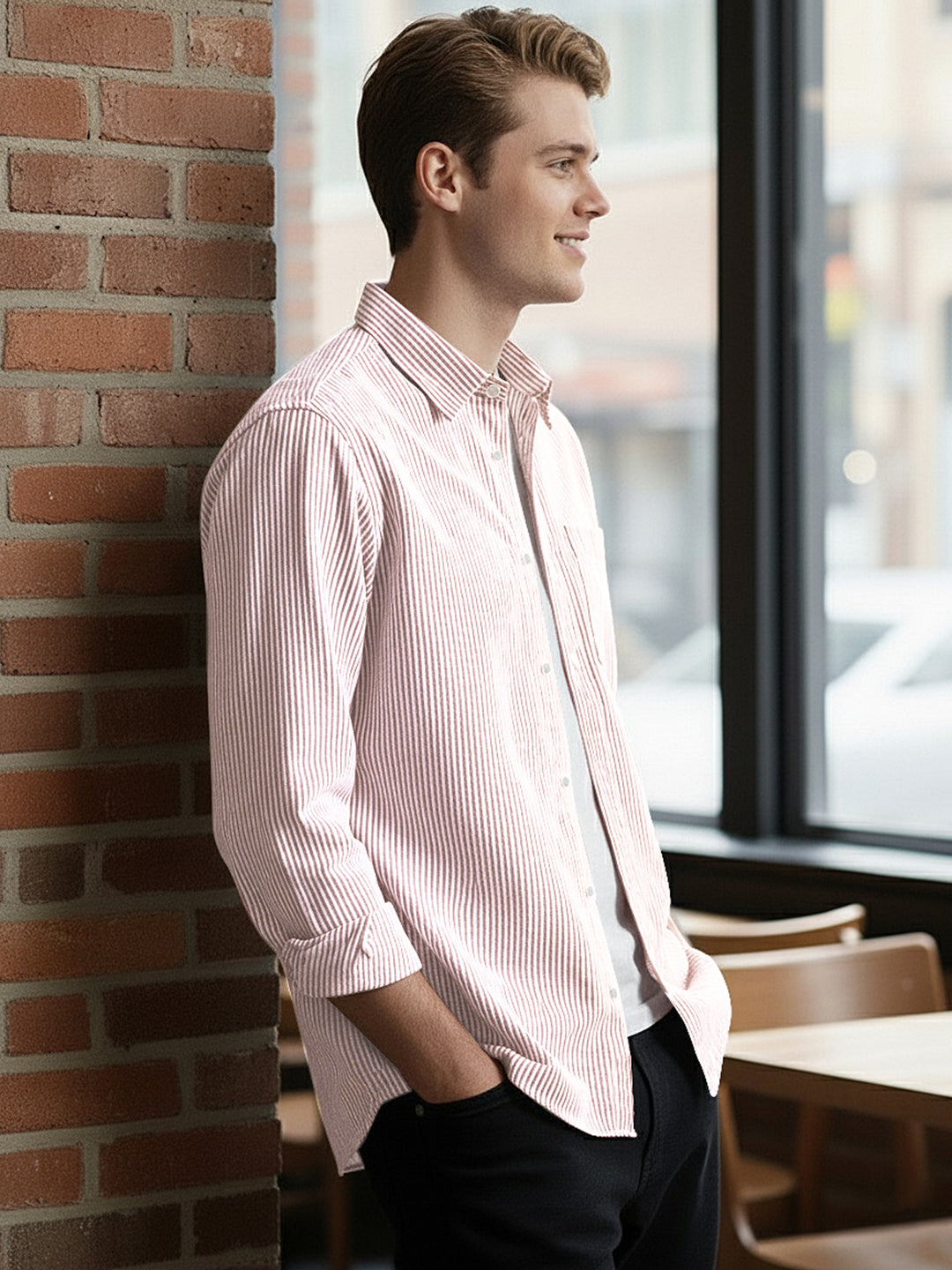 Men's Light Pink Cotton Full Sleeve Regular Fit Casual Striped Shirt
