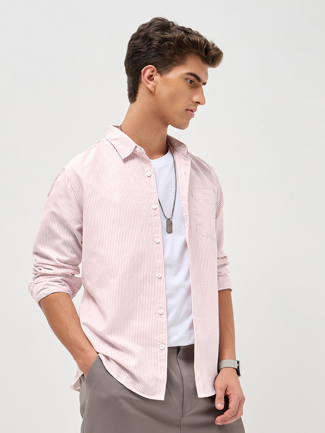 Men's Light Pink Cotton Full Sleeve Regular Fit Casual Striped Shirt