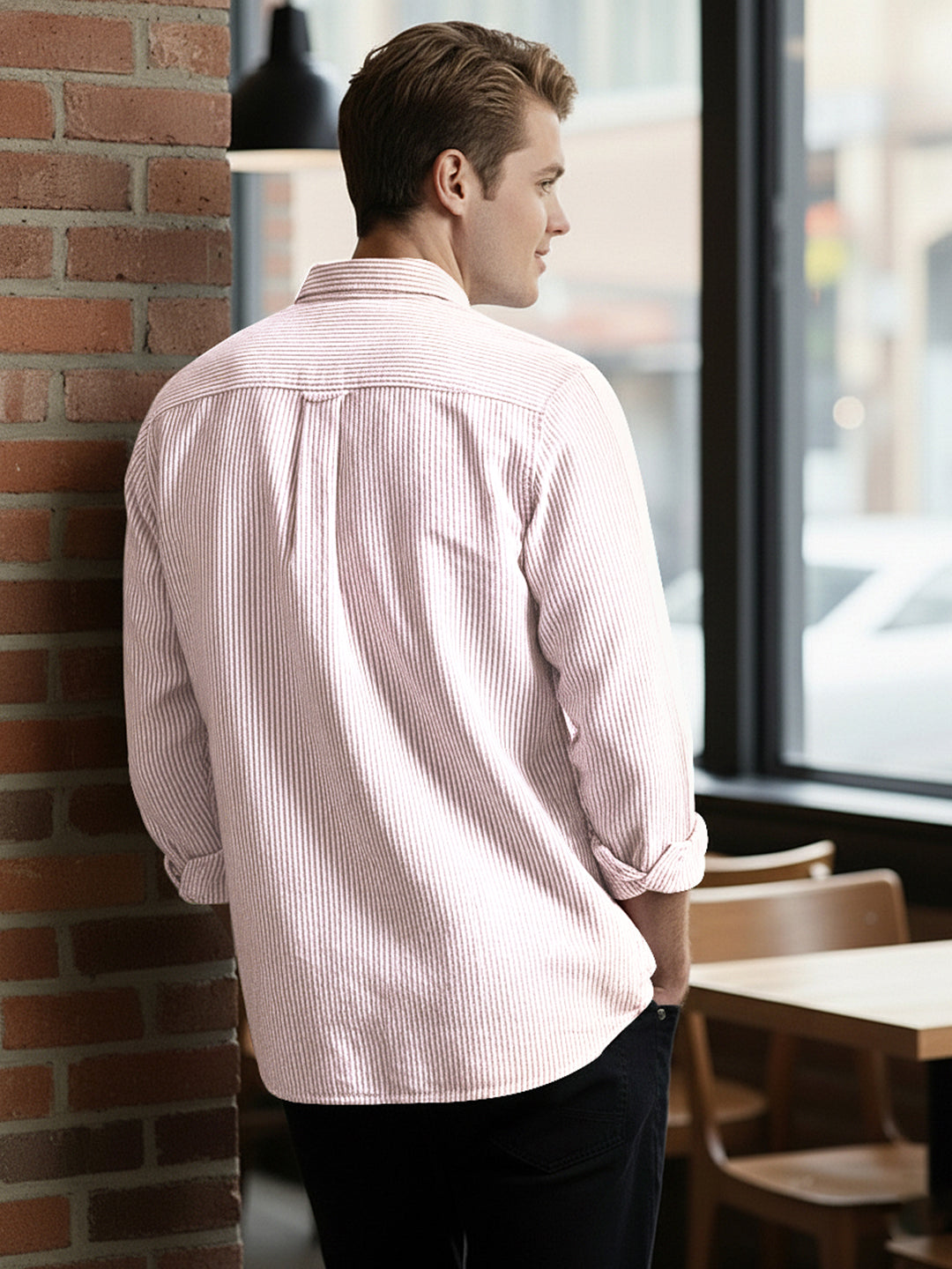 Men's Light Pink Cotton Full Sleeve Regular Fit Casual Striped Shirt