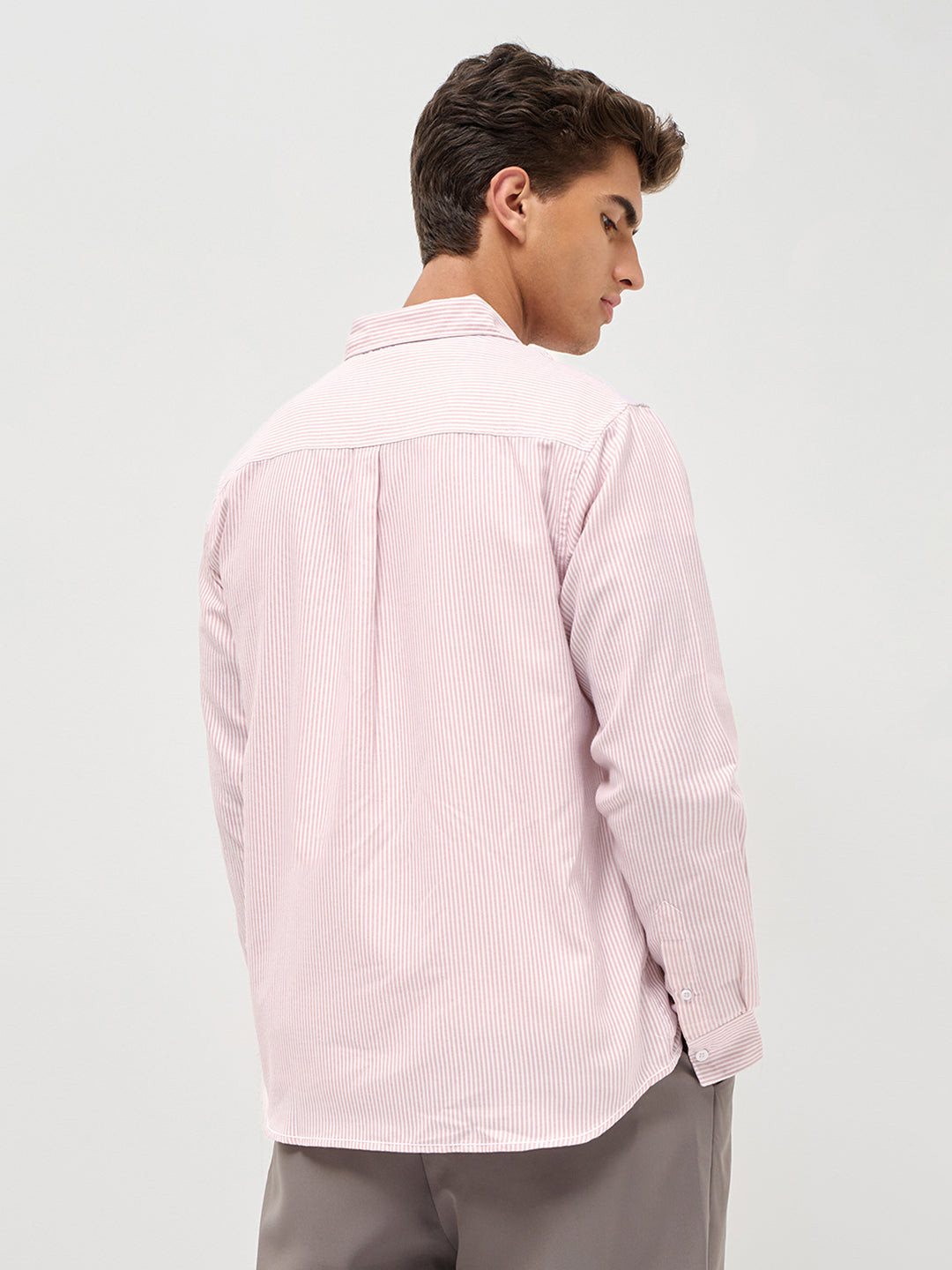 Men's Light Pink Cotton Full Sleeve Regular Fit Casual Striped Shirt