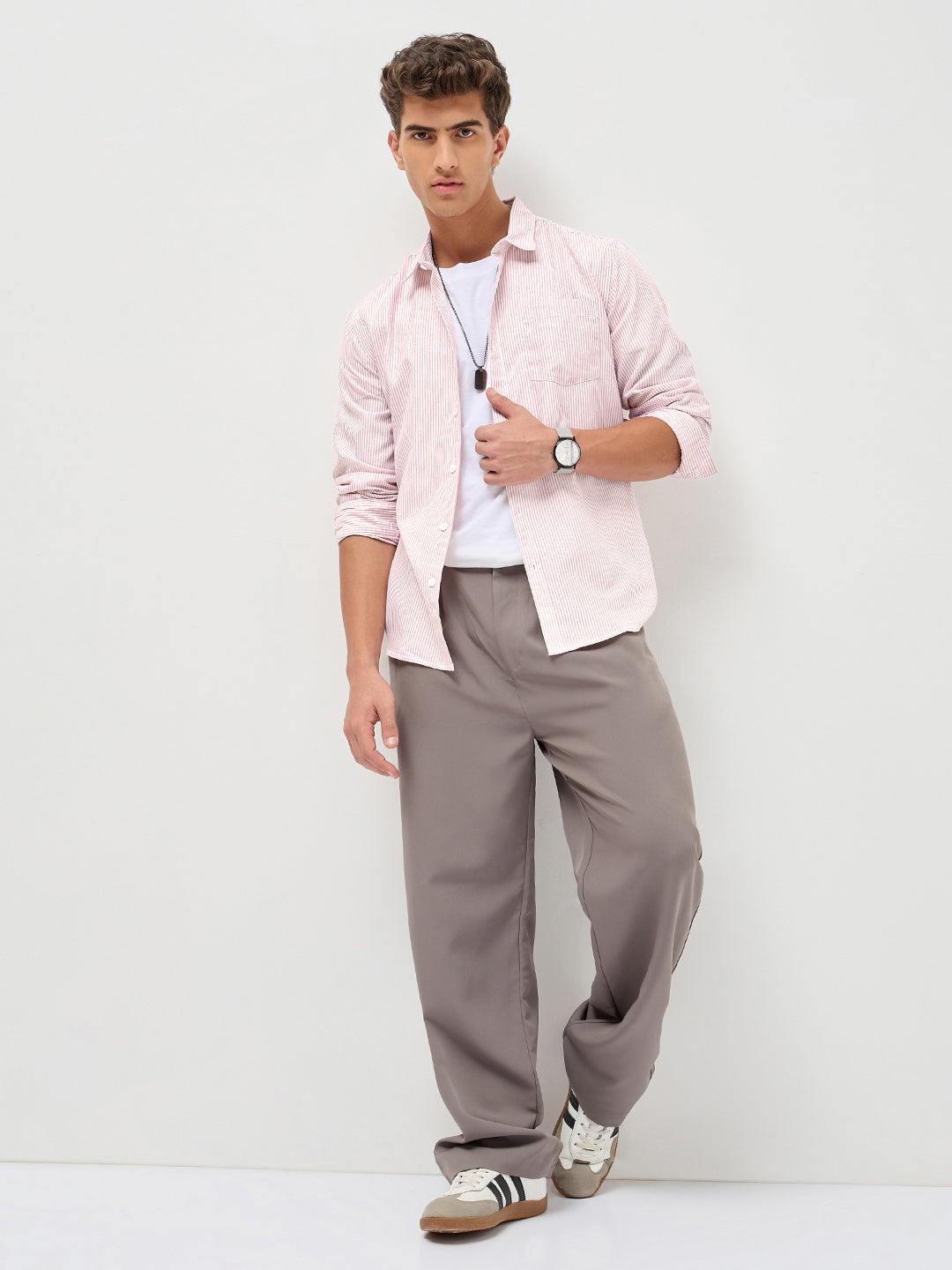 Men's Light Pink Cotton Full Sleeve Regular Fit Casual Striped Shirt