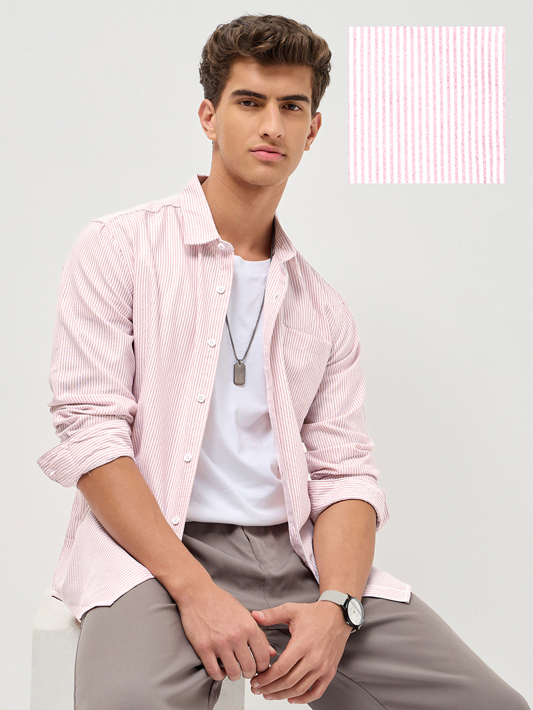 Men's Light Pink Cotton Full Sleeve Regular Fit Casual Striped Shirt