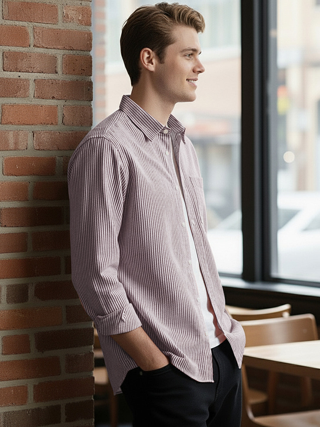 Men's Maroon Cotton Full Sleeve Regular Fit Casual Striped Shirt