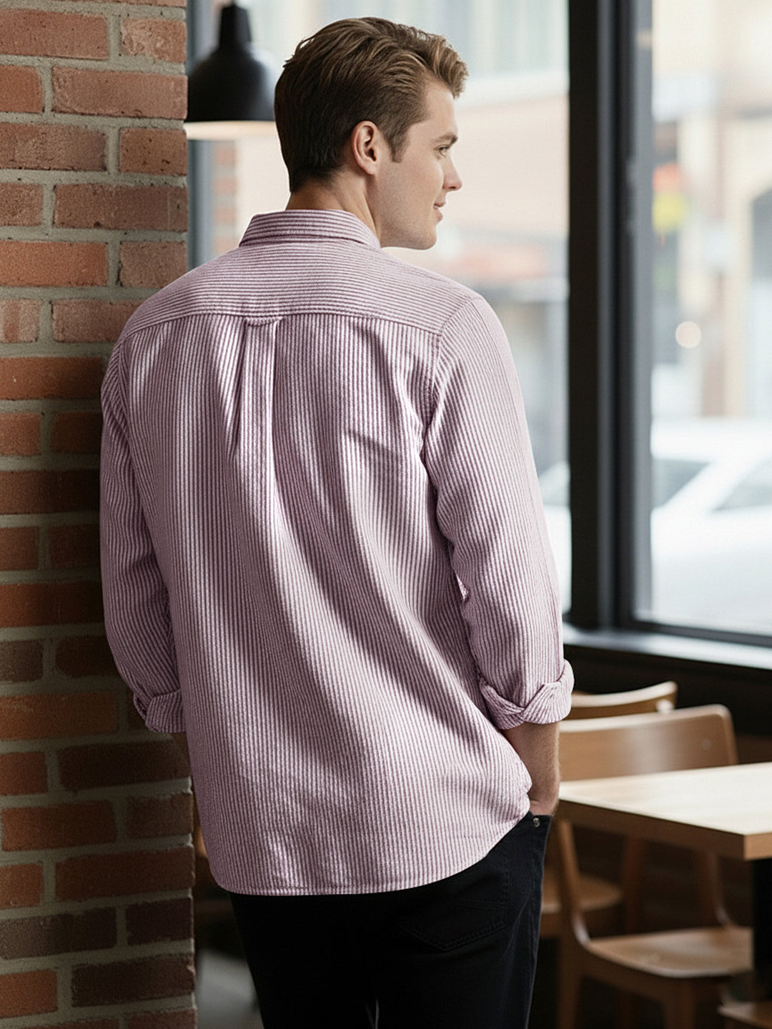 Men's Maroon Cotton Full Sleeve Regular Fit Casual Striped Shirt