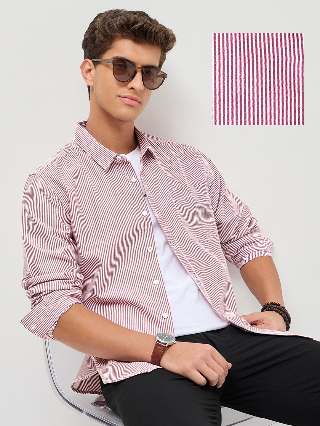 Men's Maroon Cotton Full Sleeve Regular Fit Casual Striped Shirt