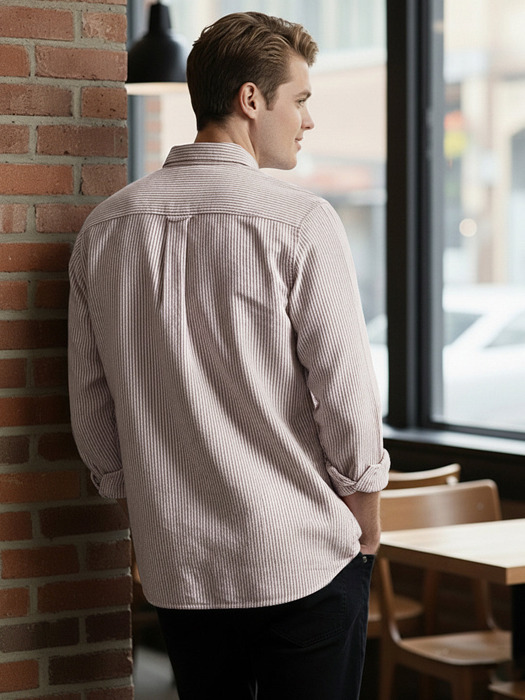 Men's Rust Cotton Full Sleeve Regular Fit Casual Striped Shirt