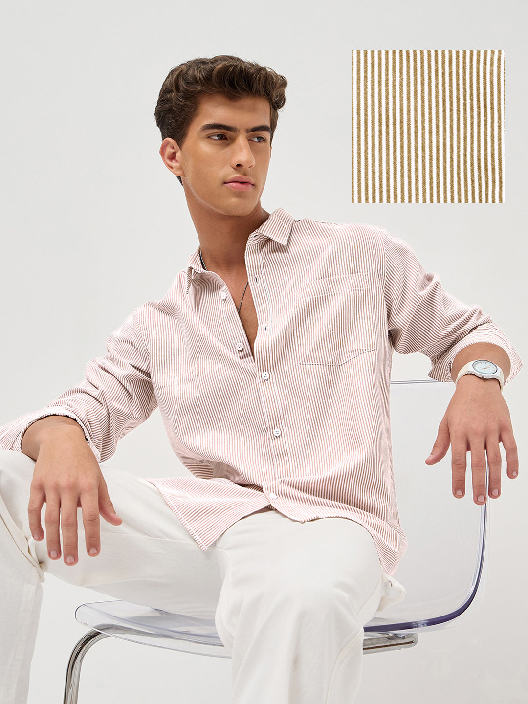 Men's Rust Cotton Full Sleeve Regular Fit Casual Striped Shirt