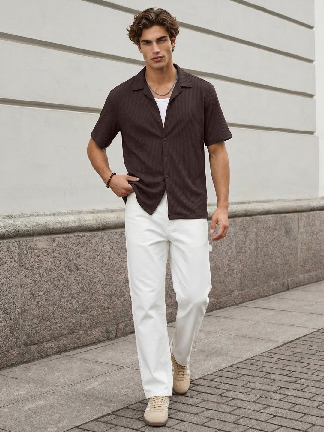 Men's Brown Cotton Half Sleeve Oversized Fit Textured Shirt with Cuban Collar