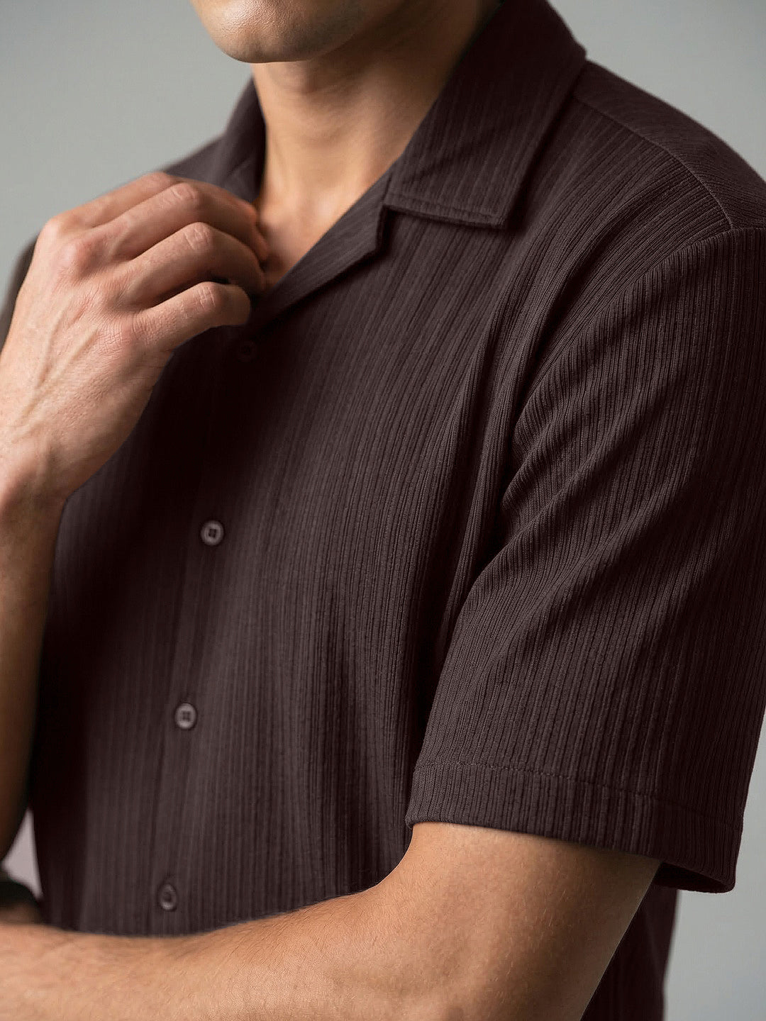 Men's Brown Cotton Half Sleeve Oversized Fit Textured Shirt with Cuban Collar