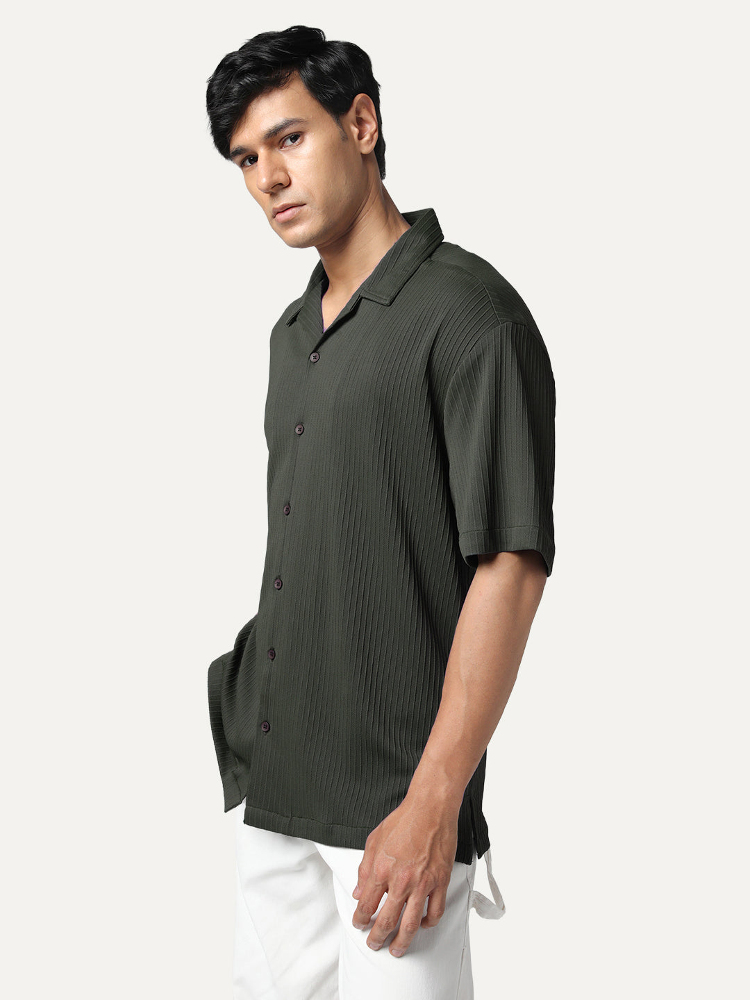 Men's Dark Grey Cotton Half Sleeve Oversized Fit Textured Shirt with Cuban Collar