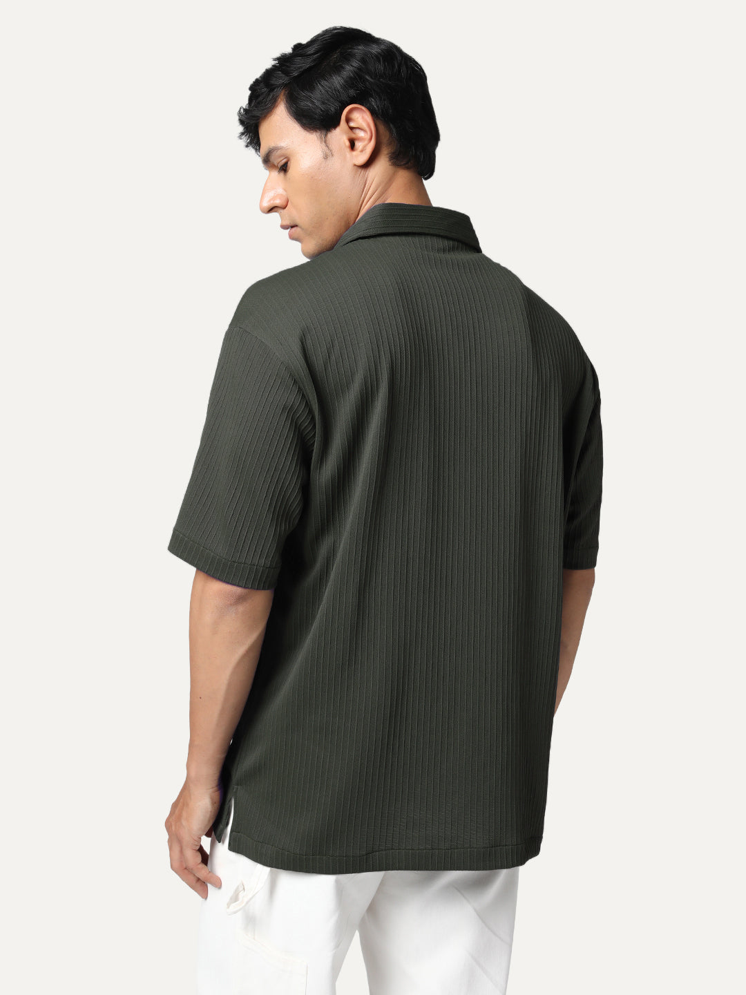 Men's Dark Grey Cotton Half Sleeve Oversized Fit Textured Shirt with Cuban Collar