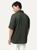 Men's Dark Grey Cotton Half Sleeve Oversized Fit Textured Shirt with Cuban Collar