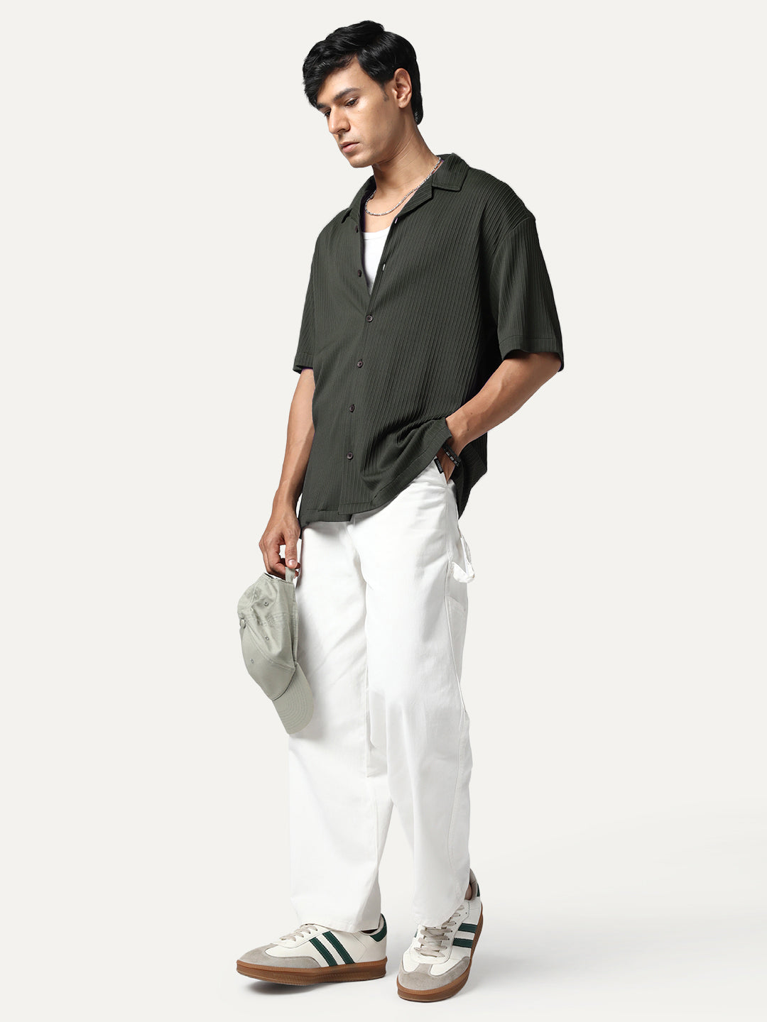 Men's Dark Grey Cotton Half Sleeve Oversized Fit Textured Shirt with Cuban Collar