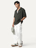 Men's Dark Grey Cotton Half Sleeve Oversized Fit Textured Shirt with Cuban Collar