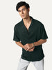 Men's Dark Green Cotton Half Sleeve Oversized Fit Textured Shirt with Cuban Collar