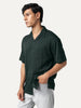 Men's Dark Green Cotton Half Sleeve Oversized Fit Textured Shirt with Cuban Collar