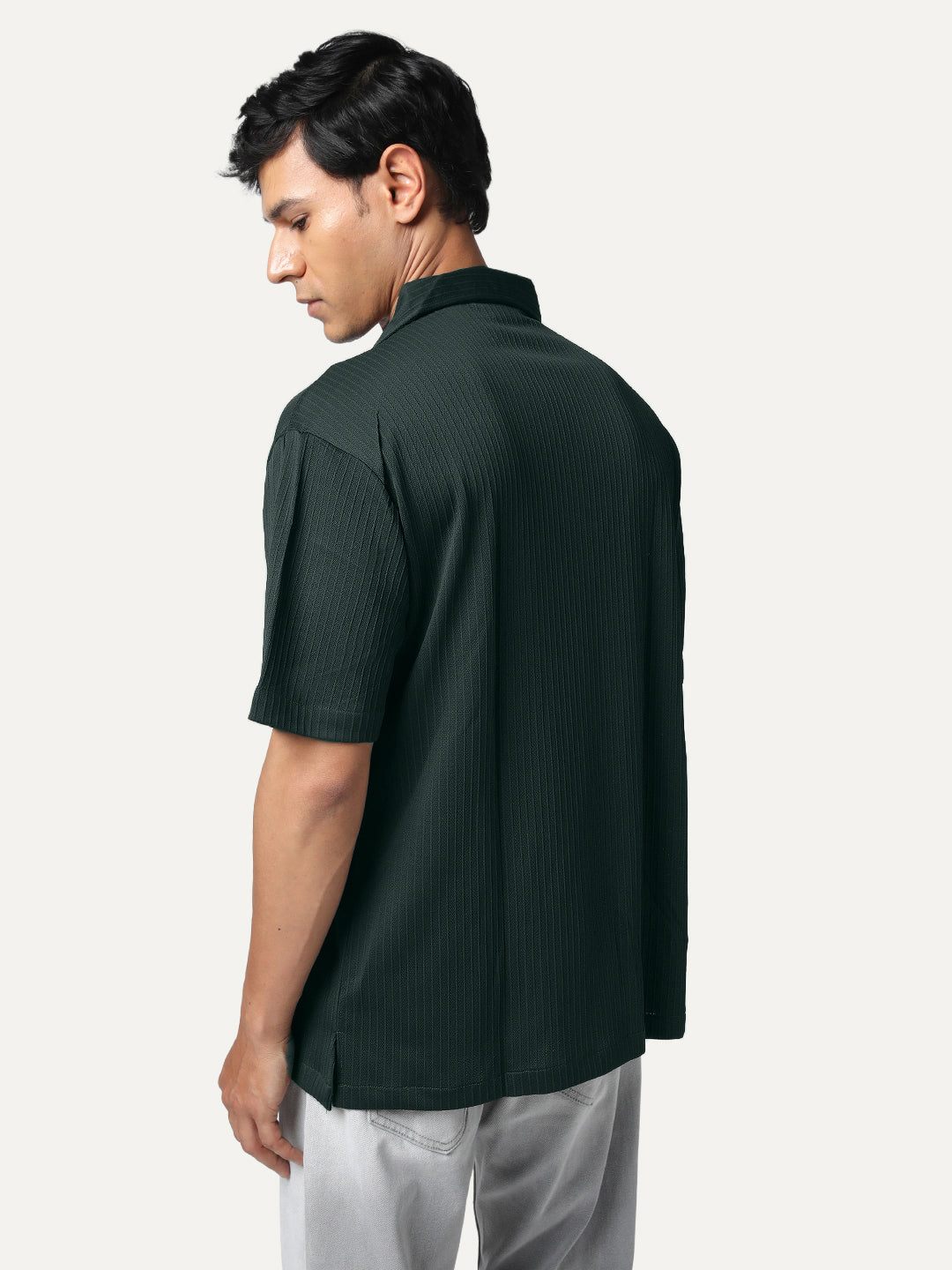 Men's Dark Green Cotton Half Sleeve Oversized Fit Textured Shirt with Cuban Collar