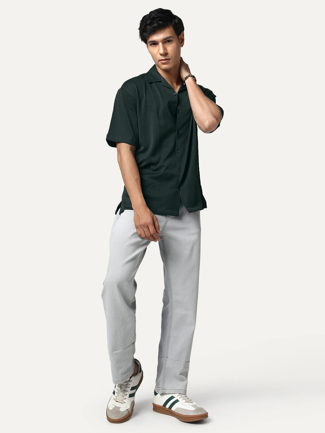 Men's Dark Green Cotton Half Sleeve Oversized Fit Textured Shirt with Cuban Collar