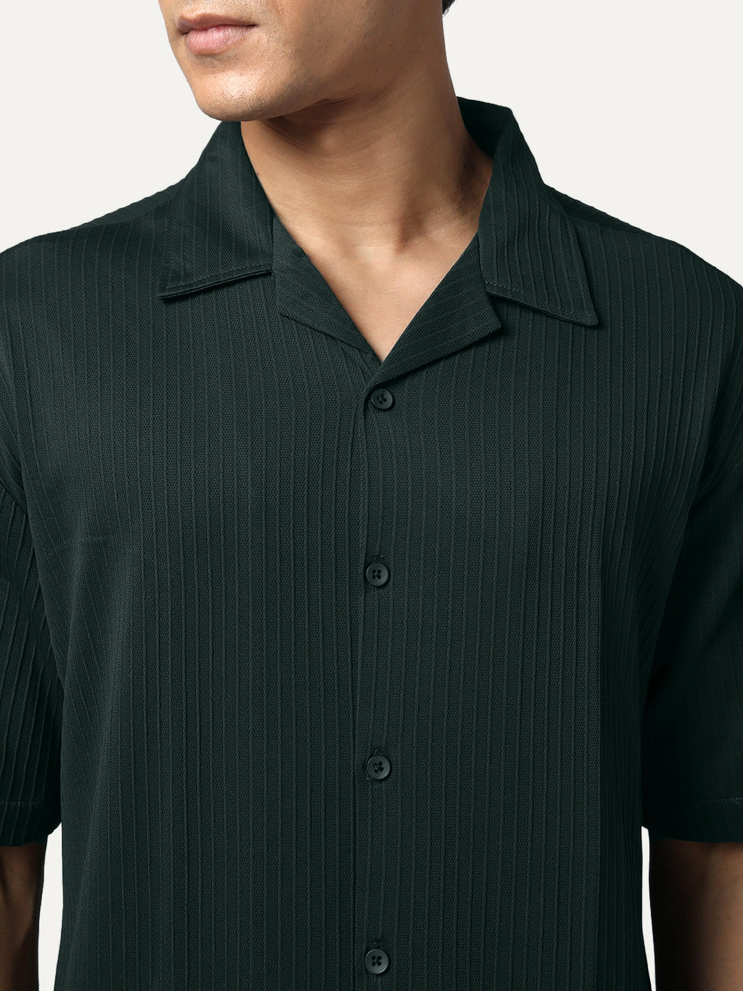 Men's Dark Green Cotton Half Sleeve Oversized Fit Textured Shirt with Cuban Collar