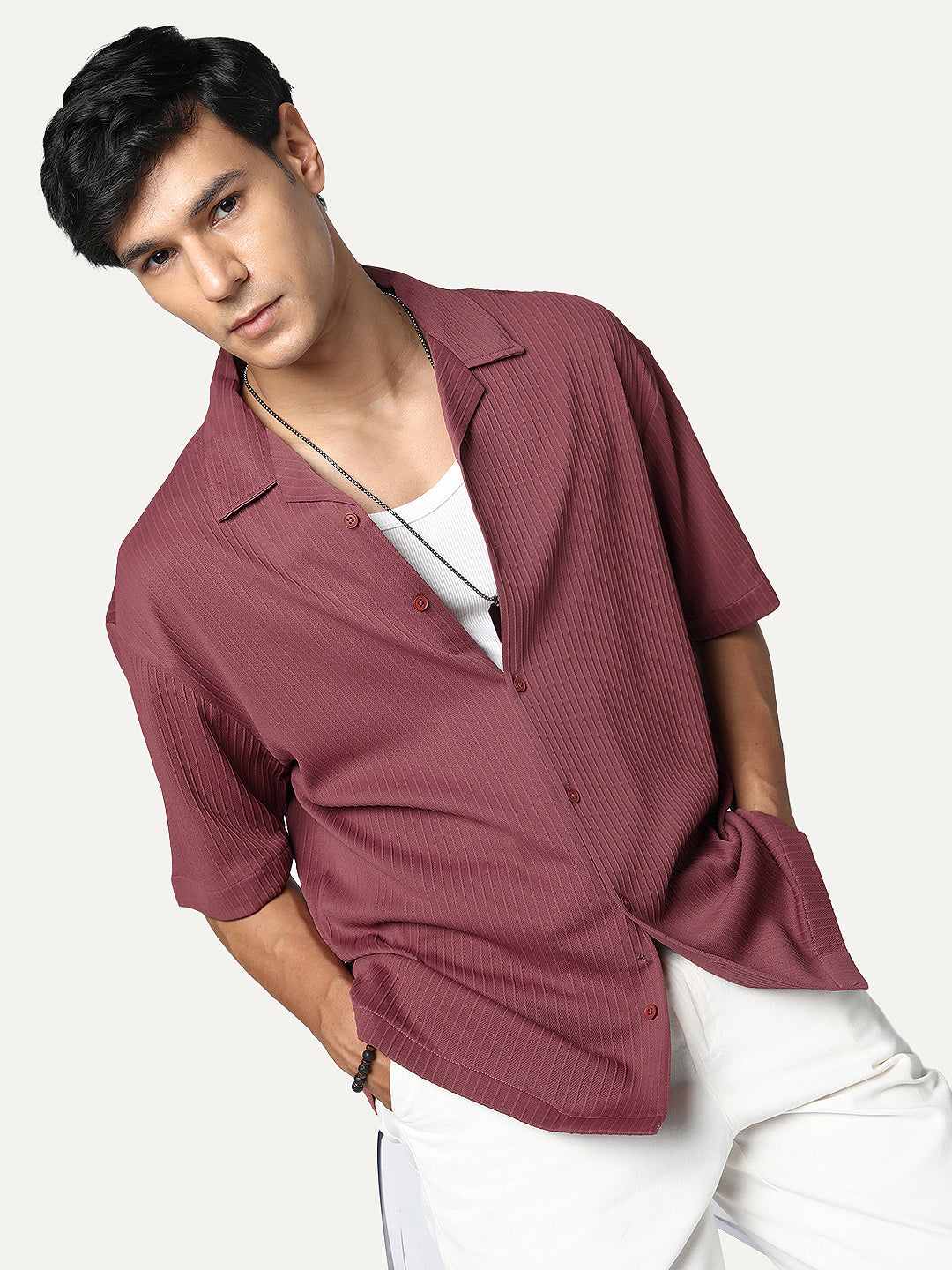 Men's Light Maroon Cotton Half Sleeve Oversized Fit Textured Shirt with Cuban Collar