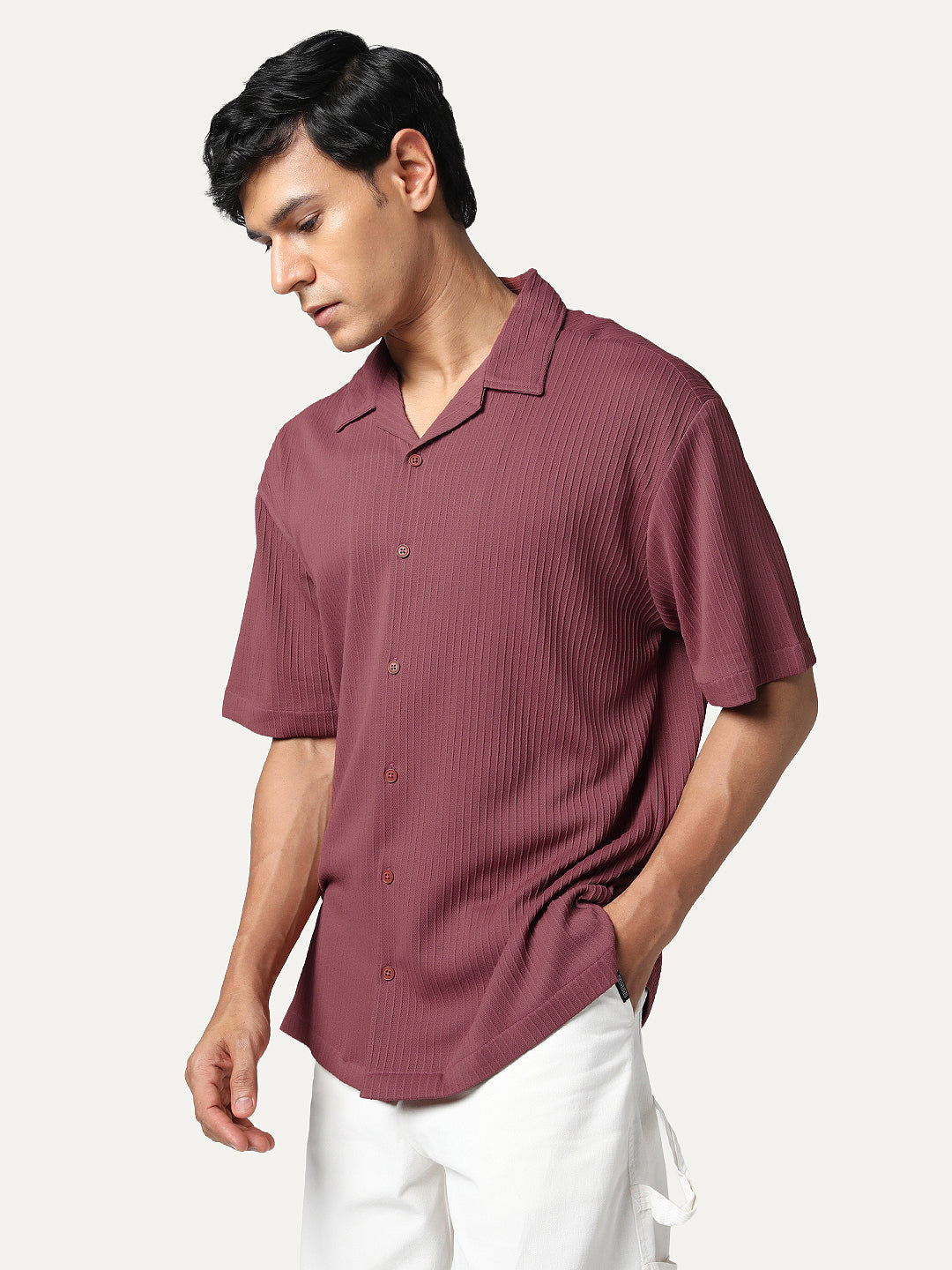 Men's Light Maroon Cotton Half Sleeve Oversized Fit Textured Shirt with Cuban Collar
