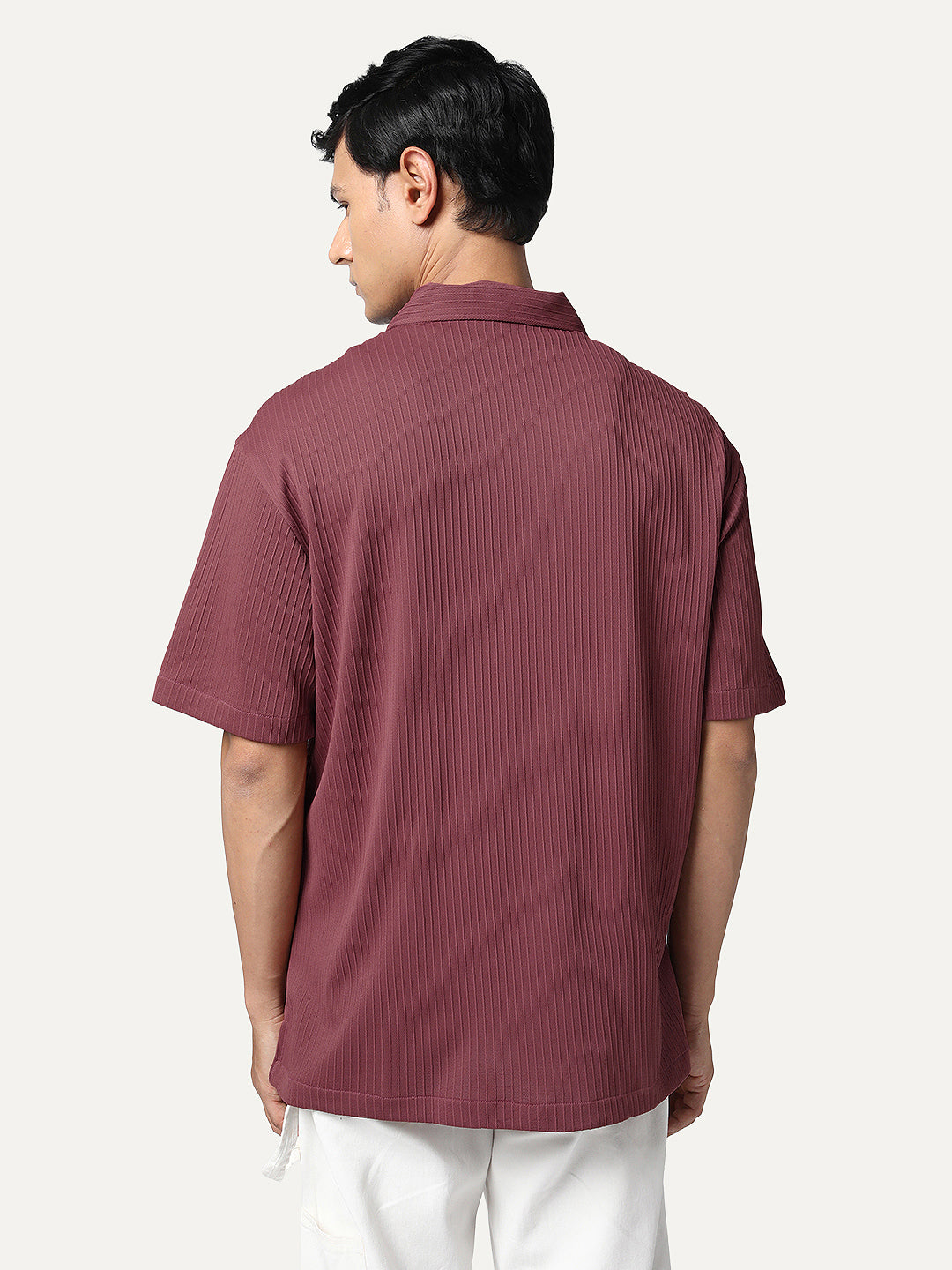 Men's Light Maroon Cotton Half Sleeve Oversized Fit Textured Shirt with Cuban Collar