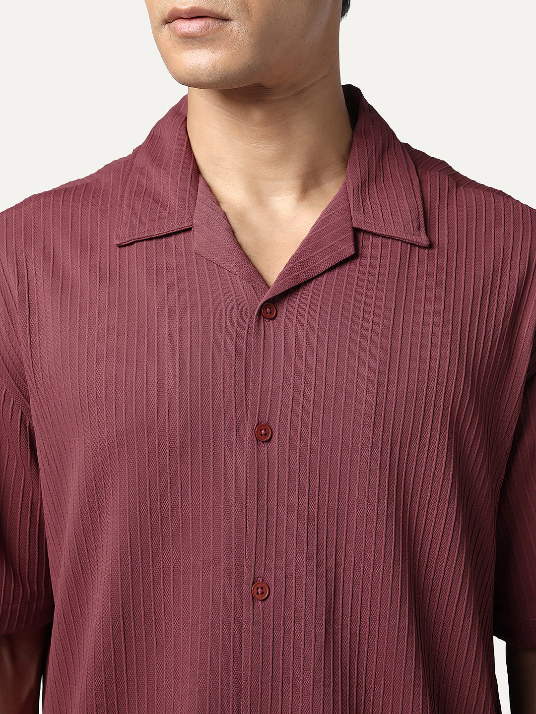Men's Light Maroon Cotton Half Sleeve Oversized Fit Textured Shirt with Cuban Collar