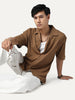 Men's Mocha Cotton Half Sleeve Oversized Fit Textured Shirt with Cuban Collar