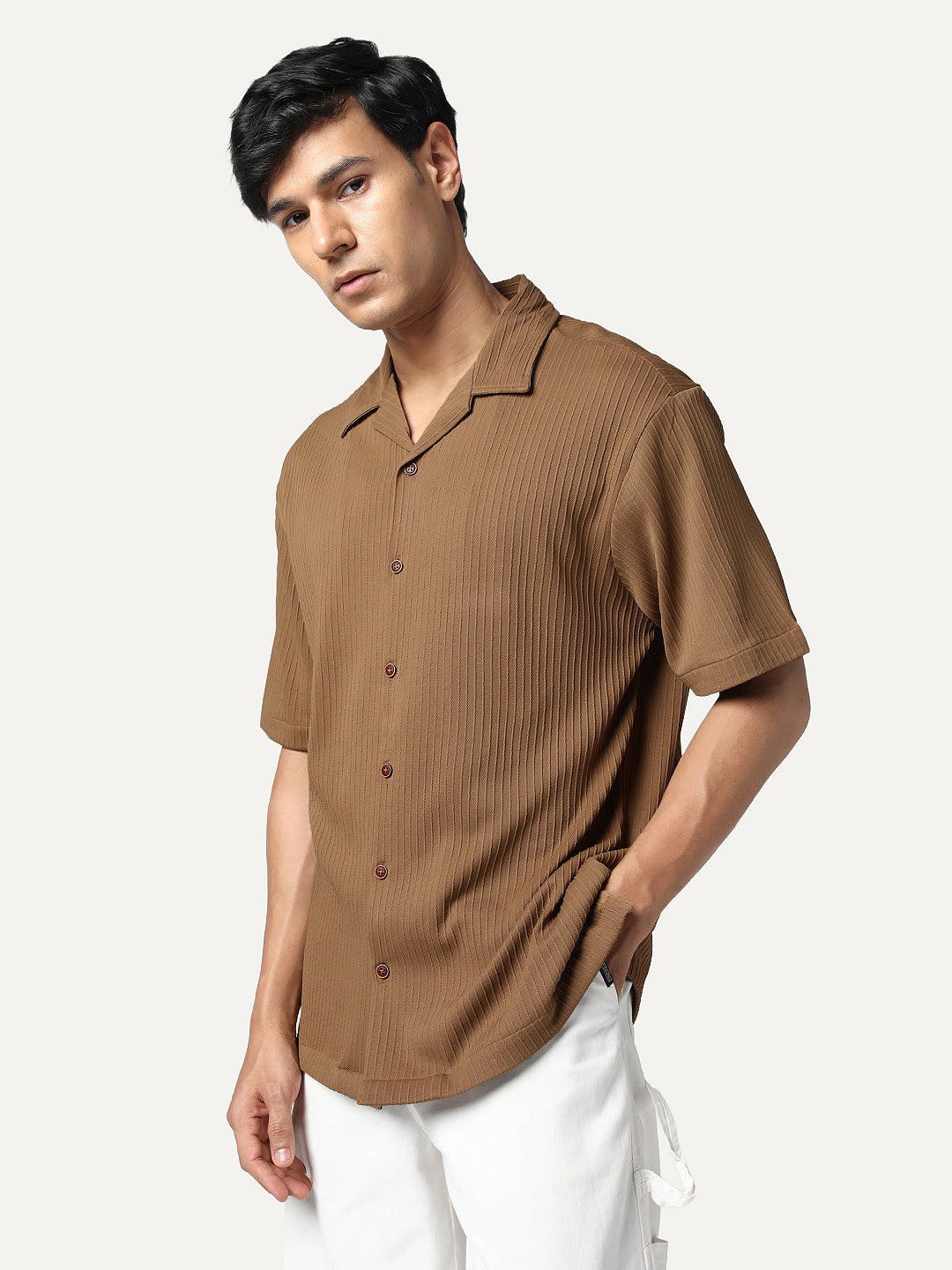 Men's Mocha Cotton Half Sleeve Oversized Fit Textured Shirt with Cuban Collar