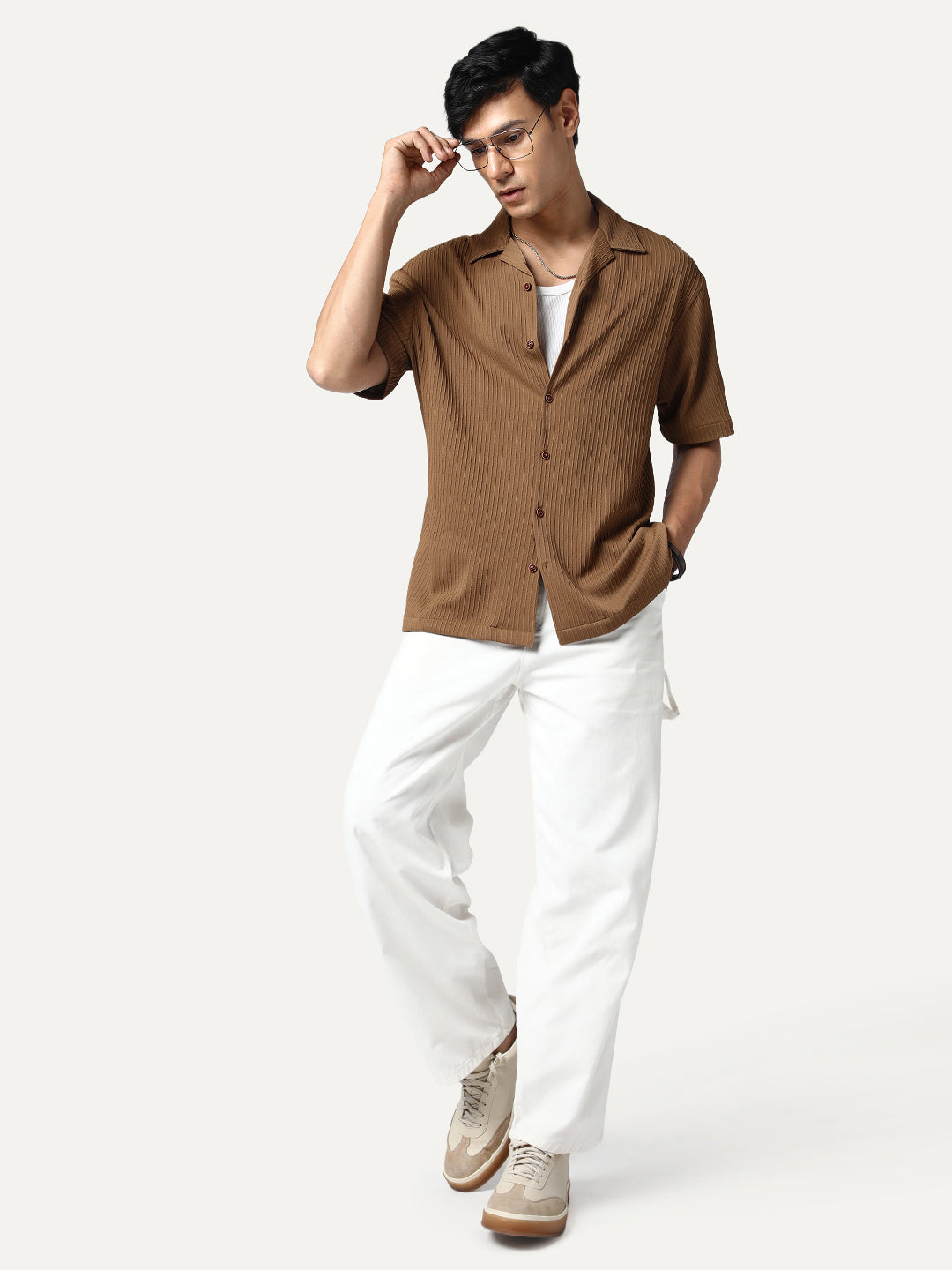 Men's Mocha Cotton Half Sleeve Oversized Fit Textured Shirt with Cuban Collar