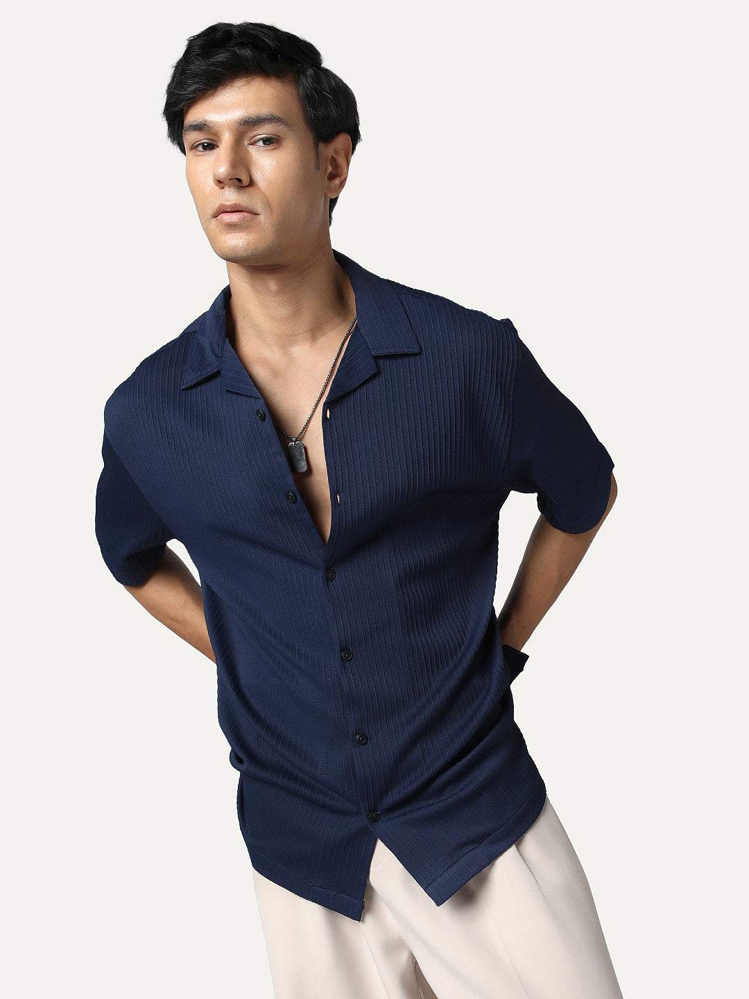 Men's Navy Cotton Half Sleeve Oversized Fit Textured Shirt with Cuban Collar