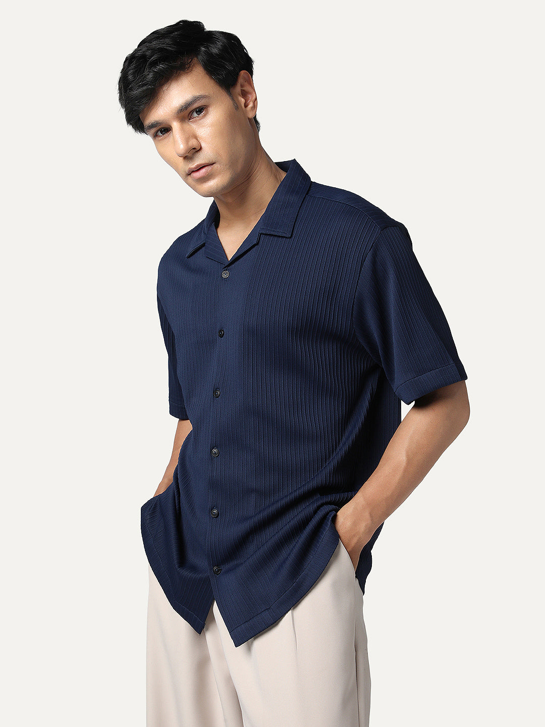 Men's Navy Cotton Half Sleeve Oversized Fit Textured Shirt with Cuban Collar