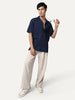 Men's Navy Cotton Half Sleeve Oversized Fit Textured Shirt with Cuban Collar