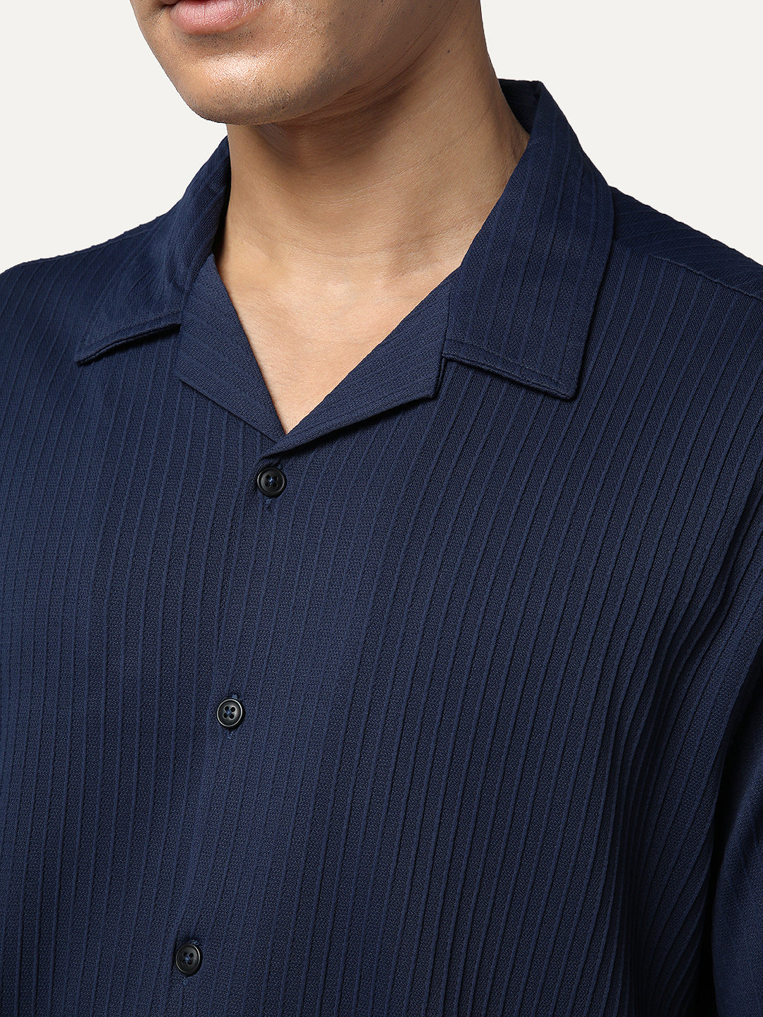 Men's Navy Cotton Half Sleeve Oversized Fit Textured Shirt with Cuban Collar