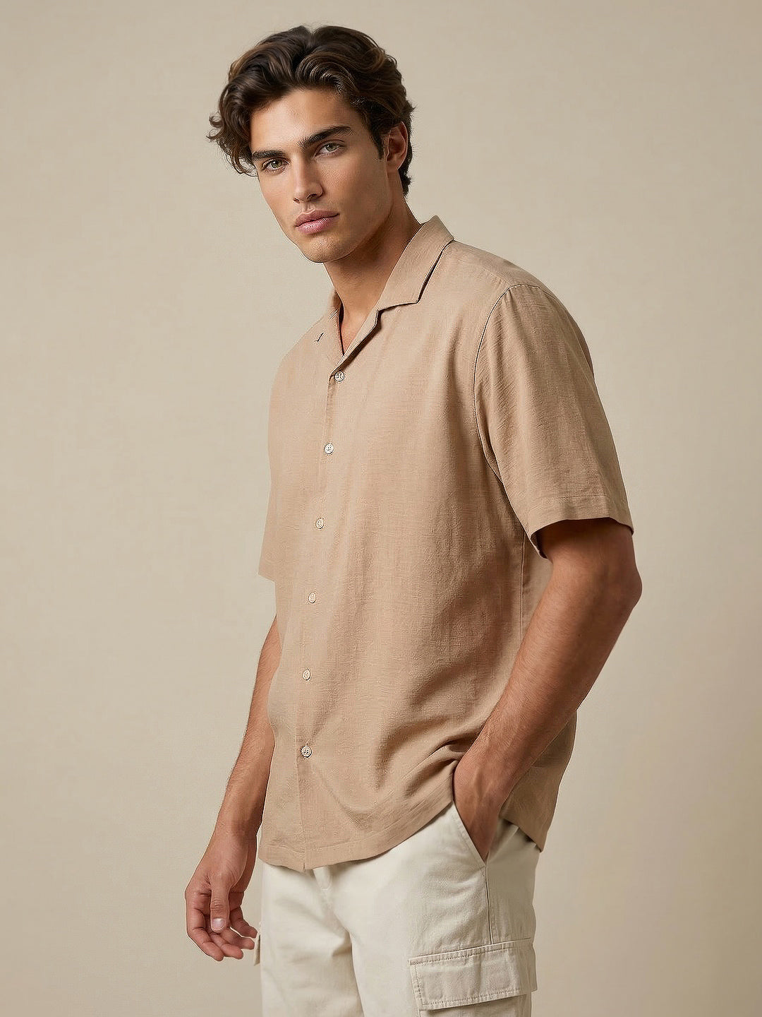 Men's Beige Cotton Half Sleeve Relaxed Fit Textured Shirt with Cuban Collar