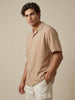 Men's Beige Cotton Half Sleeve Relaxed Fit Textured Shirt with Cuban Collar