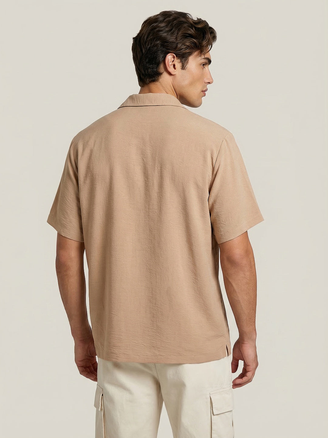 Men's Beige Cotton Half Sleeve Relaxed Fit Textured Shirt with Cuban Collar