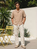 Men's Beige Cotton Half Sleeve Relaxed Fit Textured Shirt with Cuban Collar