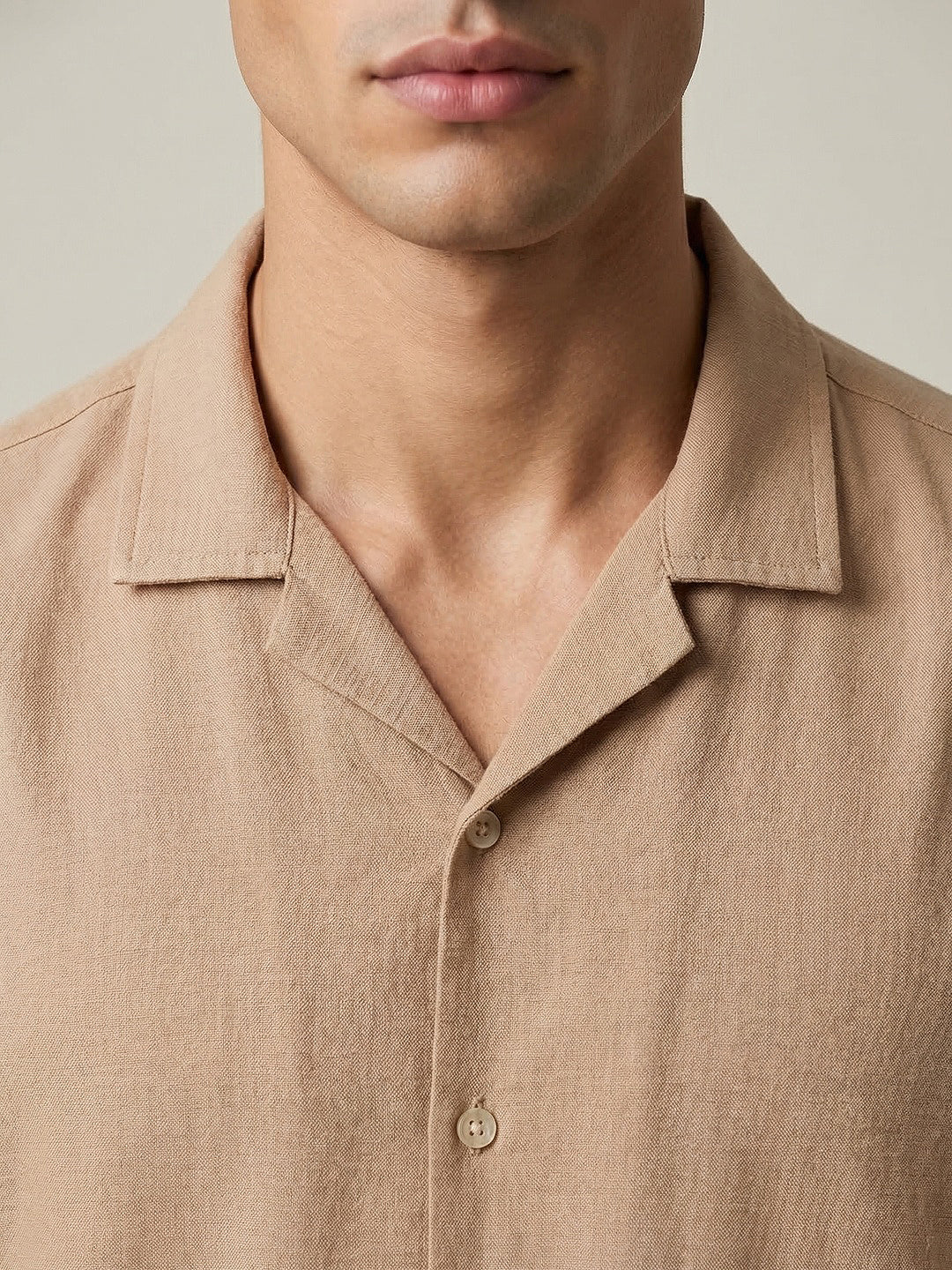 Men's Beige Cotton Half Sleeve Relaxed Fit Textured Shirt with Cuban Collar