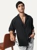 Men's Black Cotton Half Sleeve Relaxed Fit Textured Shirt with Cuban Collar