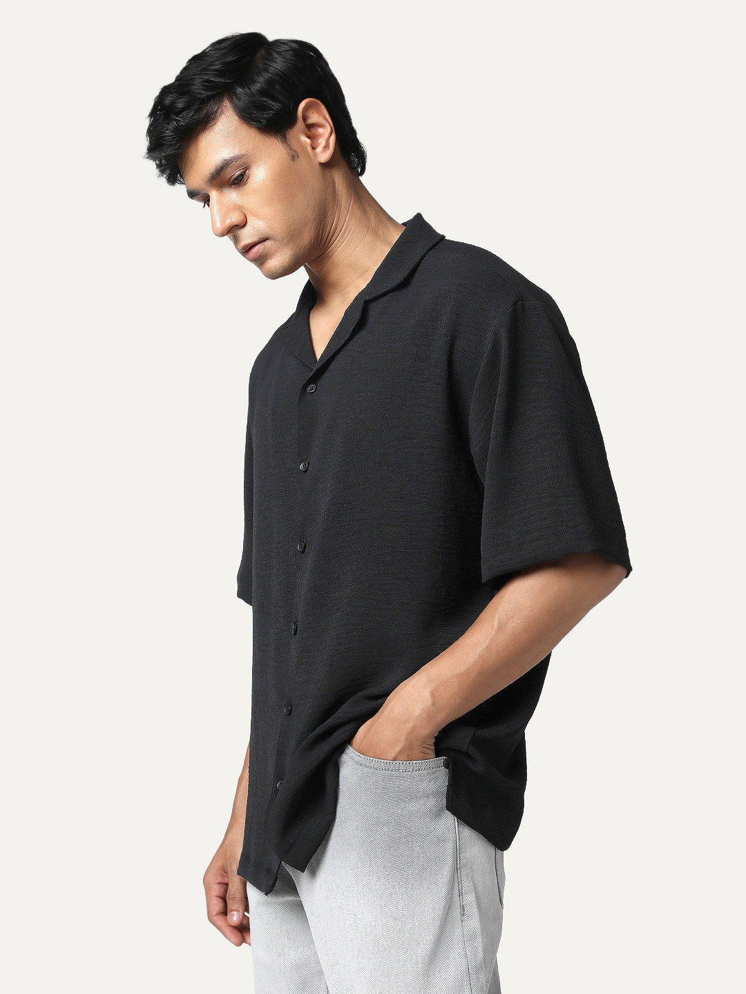 Men's Black Cotton Half Sleeve Relaxed Fit Textured Shirt with Cuban Collar