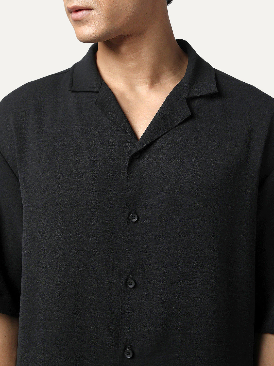Men's Black Cotton Half Sleeve Relaxed Fit Textured Shirt with Cuban Collar