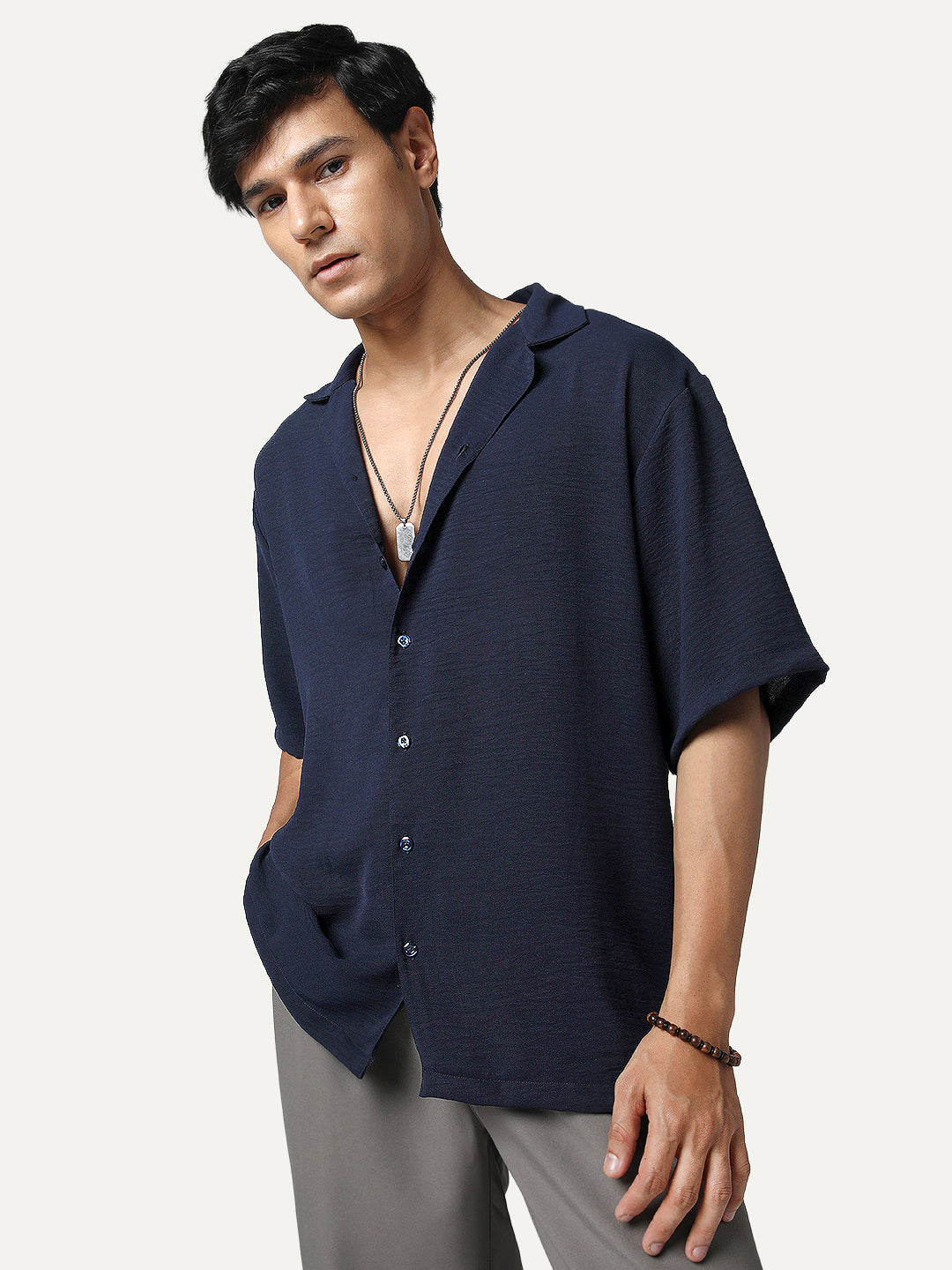 Men's Navy Cotton Half Sleeve Relaxed Fit Textured Shirt with Cuban Collar