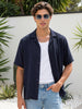 Men's Navy Cotton Half Sleeve Relaxed Fit Textured Shirt with Cuban Collar