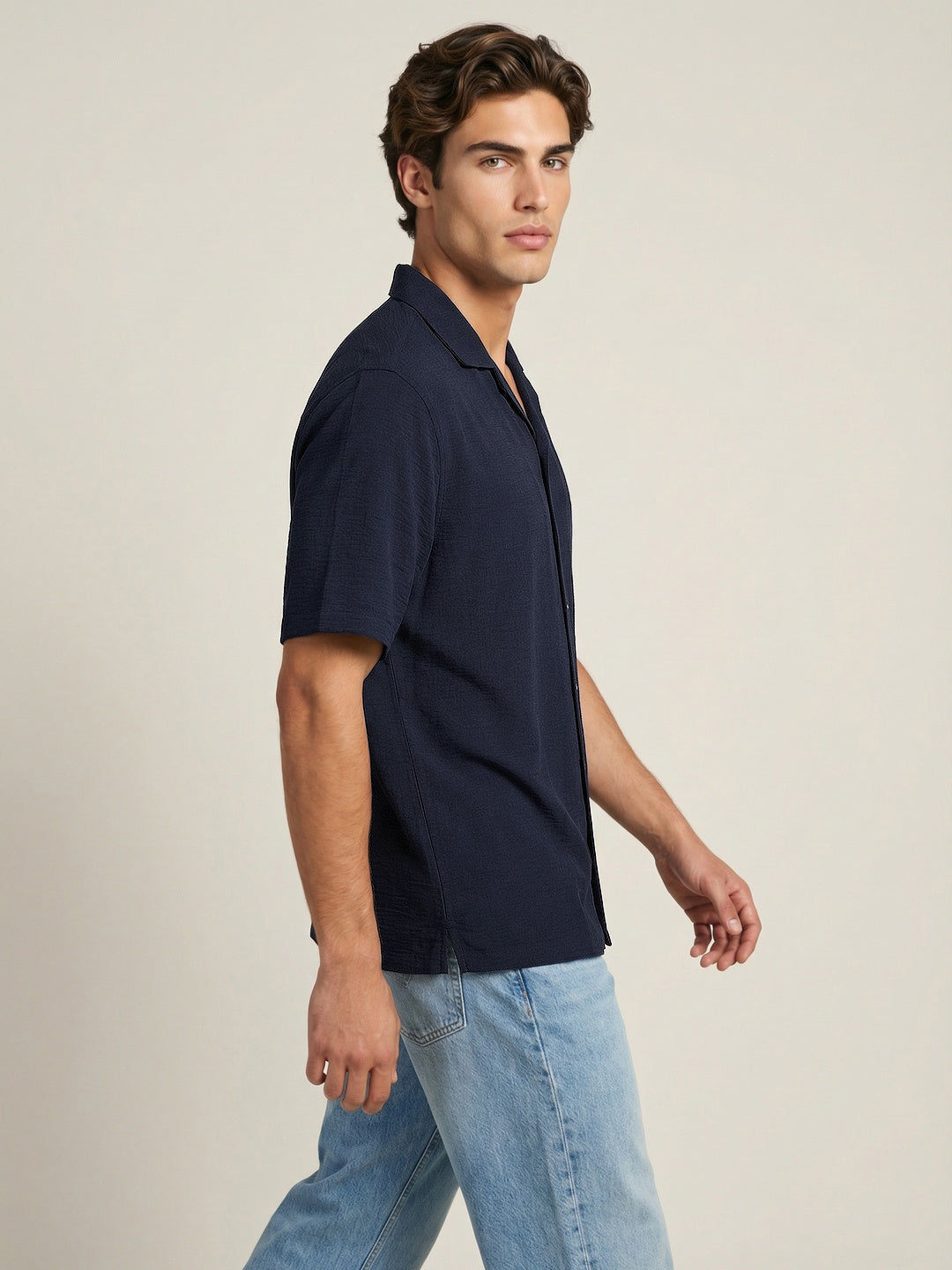Men's Navy Cotton Half Sleeve Relaxed Fit Textured Shirt with Cuban Collar