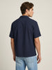 Men's Navy Cotton Half Sleeve Relaxed Fit Textured Shirt with Cuban Collar